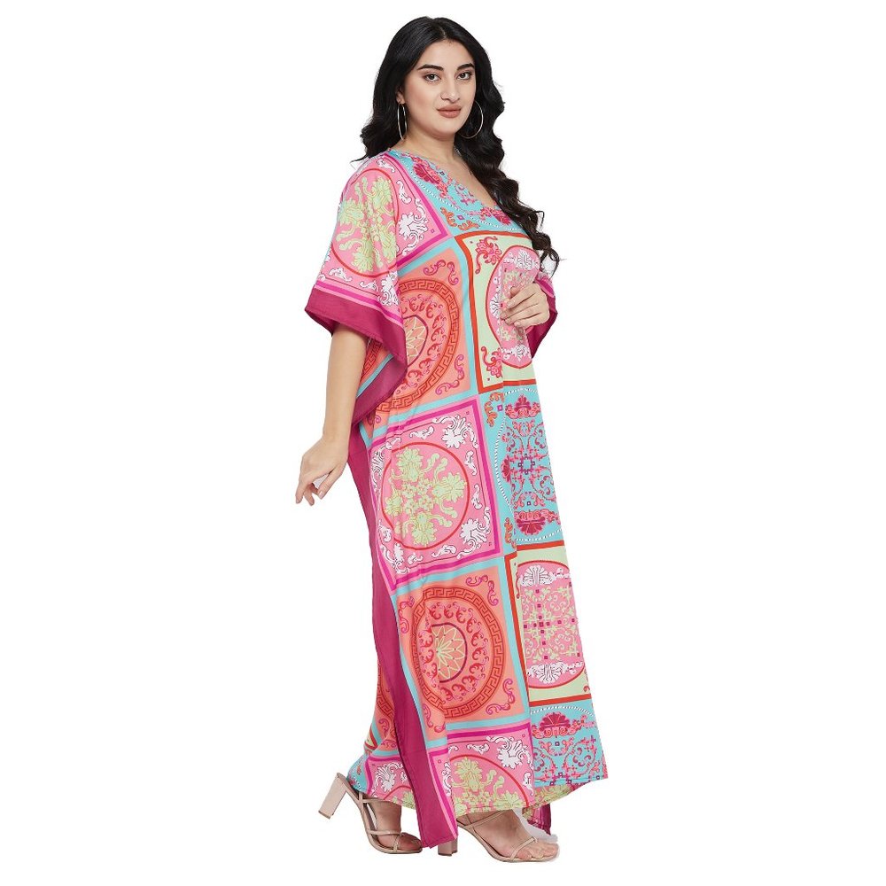 Plus Size Women Caftan Dress Pink Polyester Maxi Moo Moos Dresses for Party Wear - Picture 6 of 10